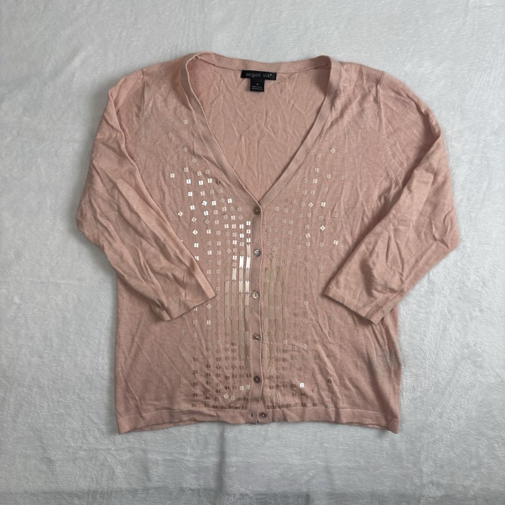 VTG August Silk Pink Long‎ Sleeve Button Up Cardigan Sweater Women's Size Medium